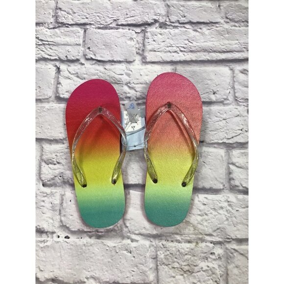Girls Cat & Jack Girls Size Large 4/5 Flip Flops Pink Yellow Green Glitter Strap - Picture 1 of 2